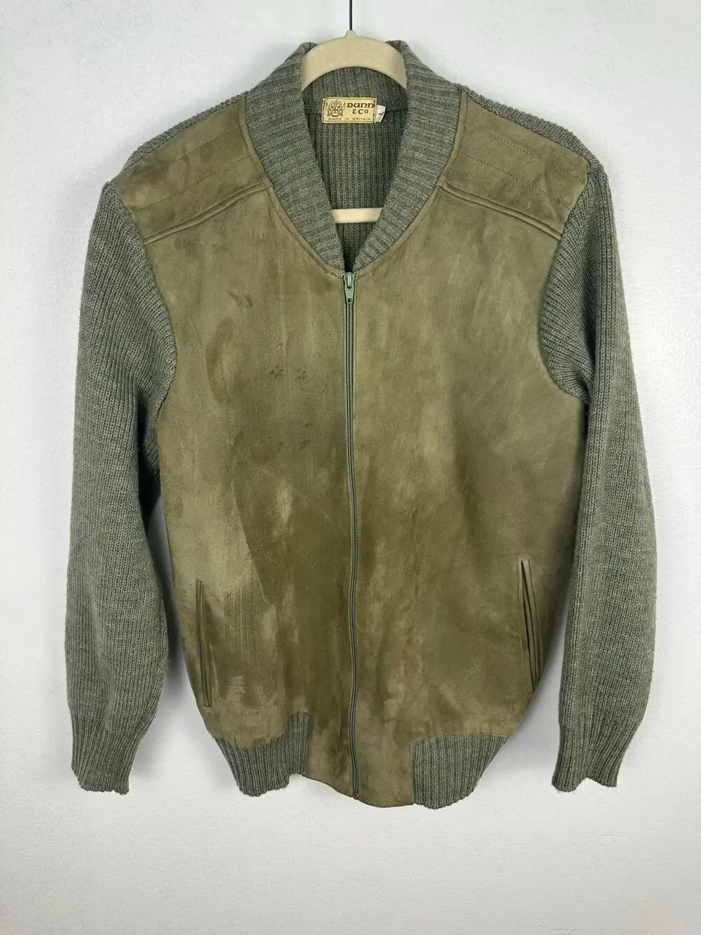 Dunn & Co. Men's Vintage Genuine Suede Knit Blouson Bomber Jacket gray/brown L